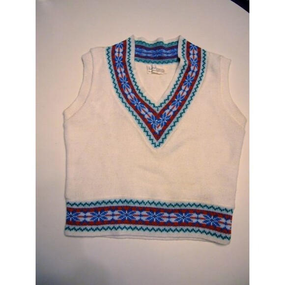 Vintage Large 60s Vneck White Sweater Vest Pullover nordic alpine snowflake trim - Picture 1 of 5